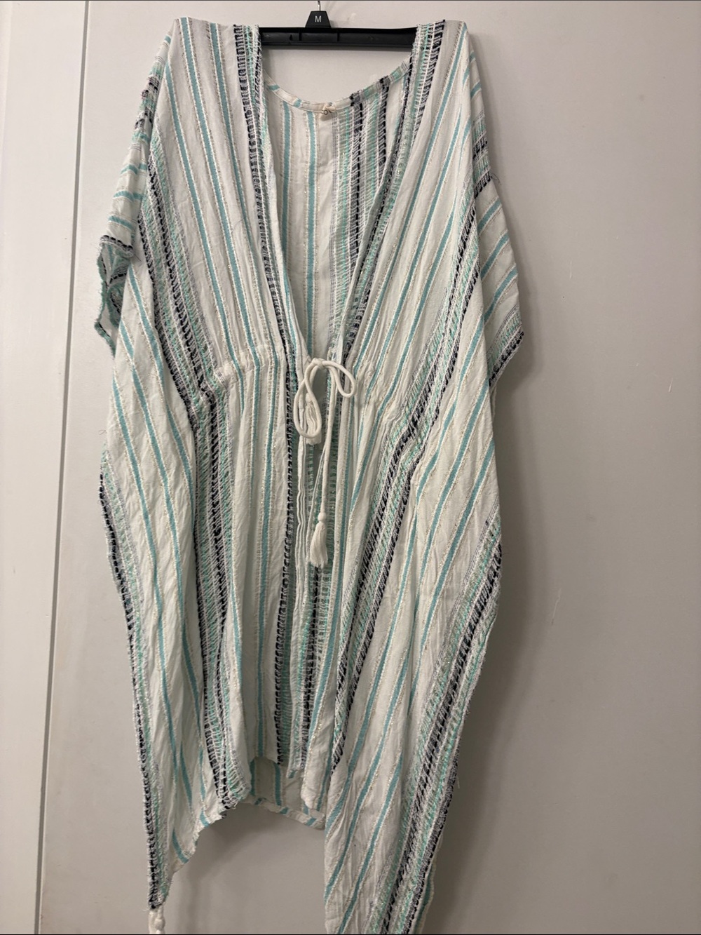 BOHO Me  Striped White and Aqua Tie-Waist Women's Swim Coverup L/xl